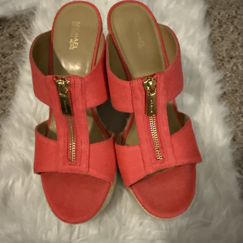 Michael Kors Coral Pink Canvas Zip Front Espadrille Wedge Sandals Platform Mule